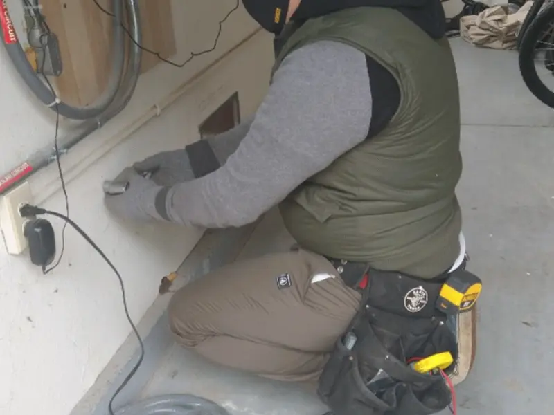 Electrician performing outlet wiring in a Chain Lake garage